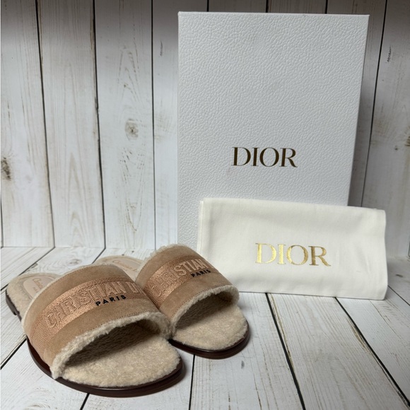 Christian Dior Suede Goatskin Shearling Embroidered Dway Sandal Cookie Sz 38 / 8 - Picture 1 of 15